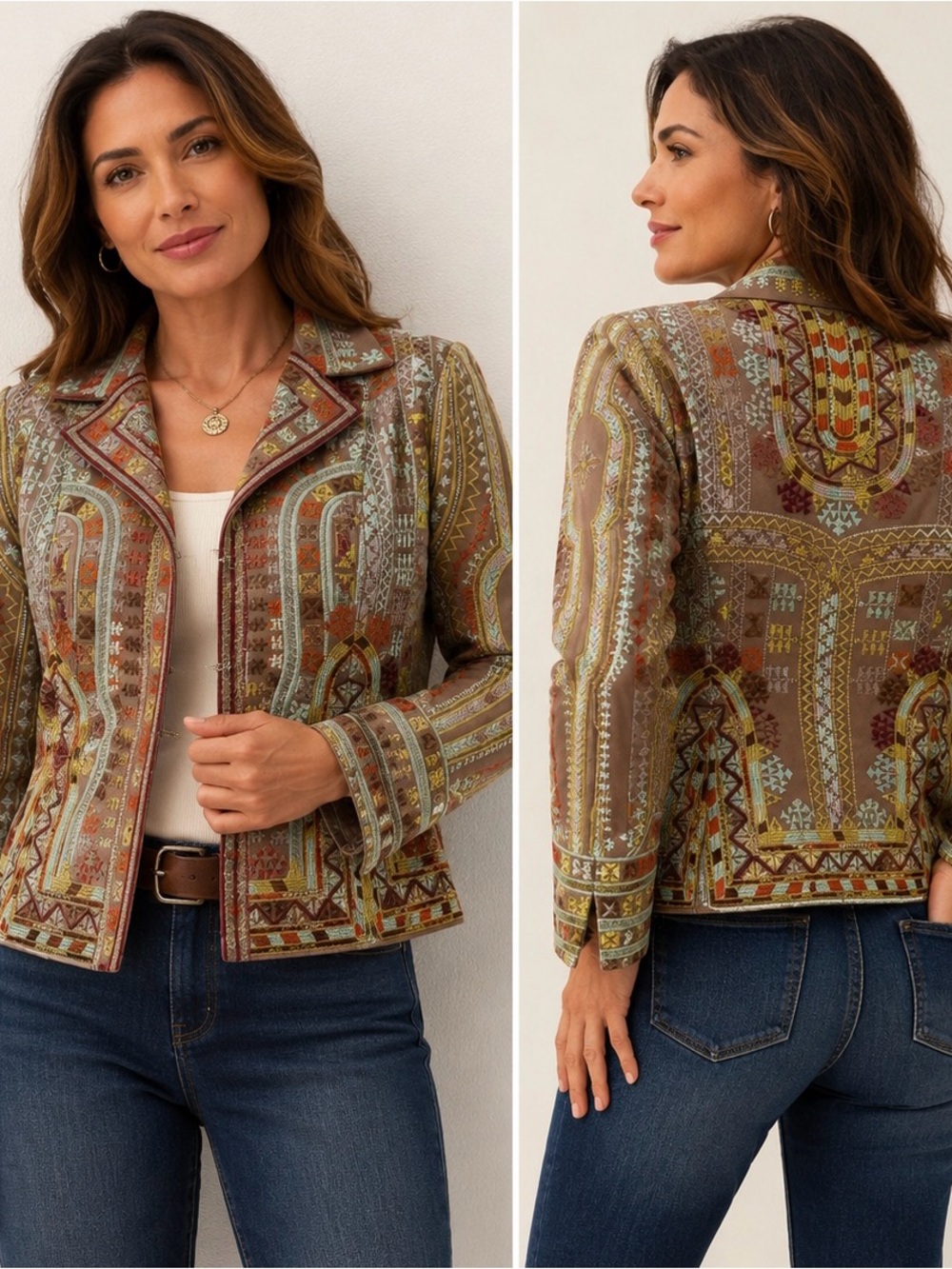 Coldwater Creek Embroidered Jacket P6 Boho Southwestern Cotton Blazer EUC
